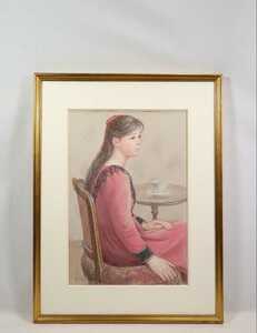 Art hand Auction Œuvre authentique de Hiroyuki Tokuda, pastel Femme en vêtements rouges Taille : 37, 5 cm x 55 cm Née dans la préfecture de Chiba, membre du Hakujitsukai, peinture d'une seule pièce disponible, une demoiselle soignée et raffinée 6675, Ouvrages d'art, Peinture, Dessin au pastel, Dessin au crayon