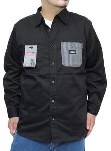 【新品】 3L ブラック [GENUINE Dickies] ワークシャツ メンズ 大きいサイズ ポケット切替 ヒッコリー ツイル 長袖シャツ