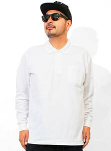 【新品】 5L ホワイト ポロシャツ メンズ 大きいサイズ 長袖 鹿の子 無地 UVカット ポケット付き シャツ