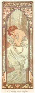 ミュシャ　『一日の四つの時刻 - 夜の安らぎ -』 リトグラフ 1897年 25x57cm 複製 高品質◆ ポスター クリムト アールヌーヴォー 版画