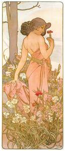 ミュシャ　『花 - カーネーション - 』 リトグラフ 1898年 18x42cm 複製 高品質◆ ポスター グラッセ クリムト アールヌーヴォー 版画