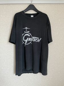 ビンテージTシャツ レア グレッチ旧ロゴ バンドt アメリカ製? 古着 半袖 Gretsch 80年代 90年代 ロックtシャツ Supreme黒 ブラックフェード