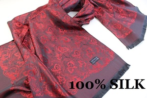 新品【SILK シルク100%】華 ペイズリー柄 大判 薄手 ストール/スカーフ レッド系 ブラック