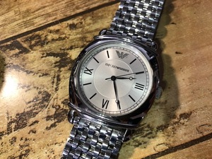 BK0220 良品程度 EMPORIO ARMANI エンポリオアルマーニ シルバーカラー AR-0298 純正SSブレス クオーツ メンズ 腕時計