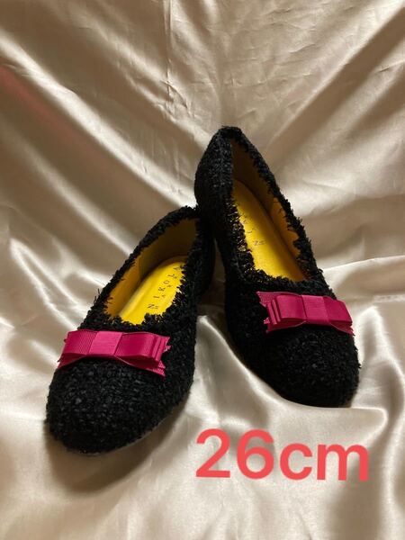 ツイードリボンパンプス ブラックピンク 26cm 大きいサイズ