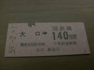 横浜線　大口→国鉄線140円区間　昭和59年2月1日　大口駅発行　国鉄