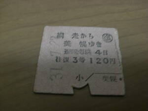 石北本線　往復乗車券　復　網走から美幌ゆき　3等　昭和31年7月22日　美幌駅発行　国鉄　復路のみ