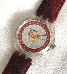 SWATCH 95 MC KILLOP 自動巻 スケルトン CLEAR オートマティック JELLY 透明 チェック 赤 スウォッチ 機械式 KILT 稼働品