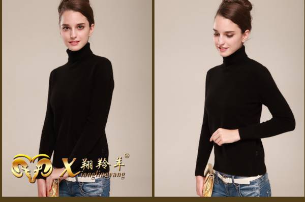 冬暖か着心地の良い婦人用カシミヤ混・タートルネックセーターXXL 黒