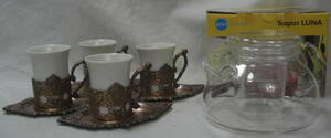 陶器コレクション::ティカップ銅製ソーサー4客／ティポットセットビンテージ品R041201