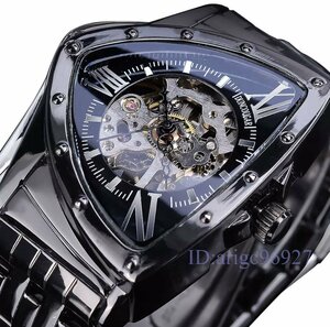 X789☆新品三角形 色多数 スケルトンブラック腕時計 機械式 不規則 かっこいい おし 腕時計メンズ ステンレス鋼 ウォッチ 時計