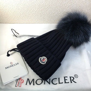 新品 未使用 タグ付き MONCLER モンクレール ニット帽 ネイビー ボンボン キャップ 羊毛 100% × フォックス IW04AA_B01MNCL_A