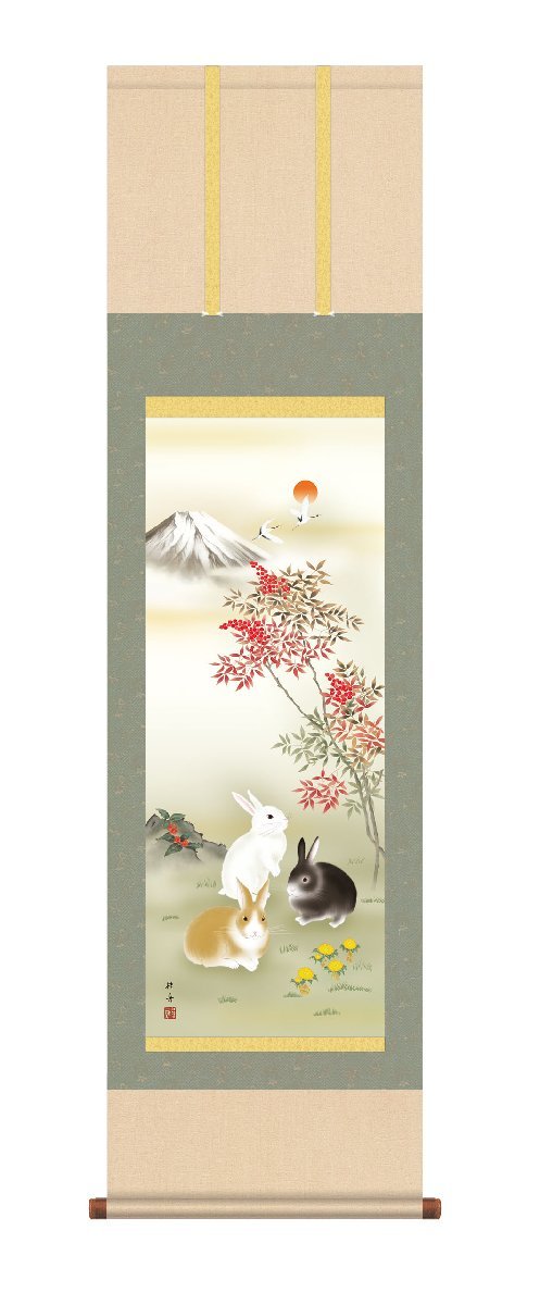 Hanging scroll High-definition art painting Purely domestic hanging scroll Auspicious zodiac good luck painting Nagae Keishu Three Rabbits Nanten Fukuju Shakusan Onyx Windchin Insect repellent incense service, painting, Japanese painting, flowers and birds, birds and beasts