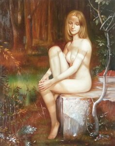 油彩画 洋画 肉筆絵画 （ 油絵額縁付きで納品対応可 ） F20号サイズ 「森の中の裸婦」