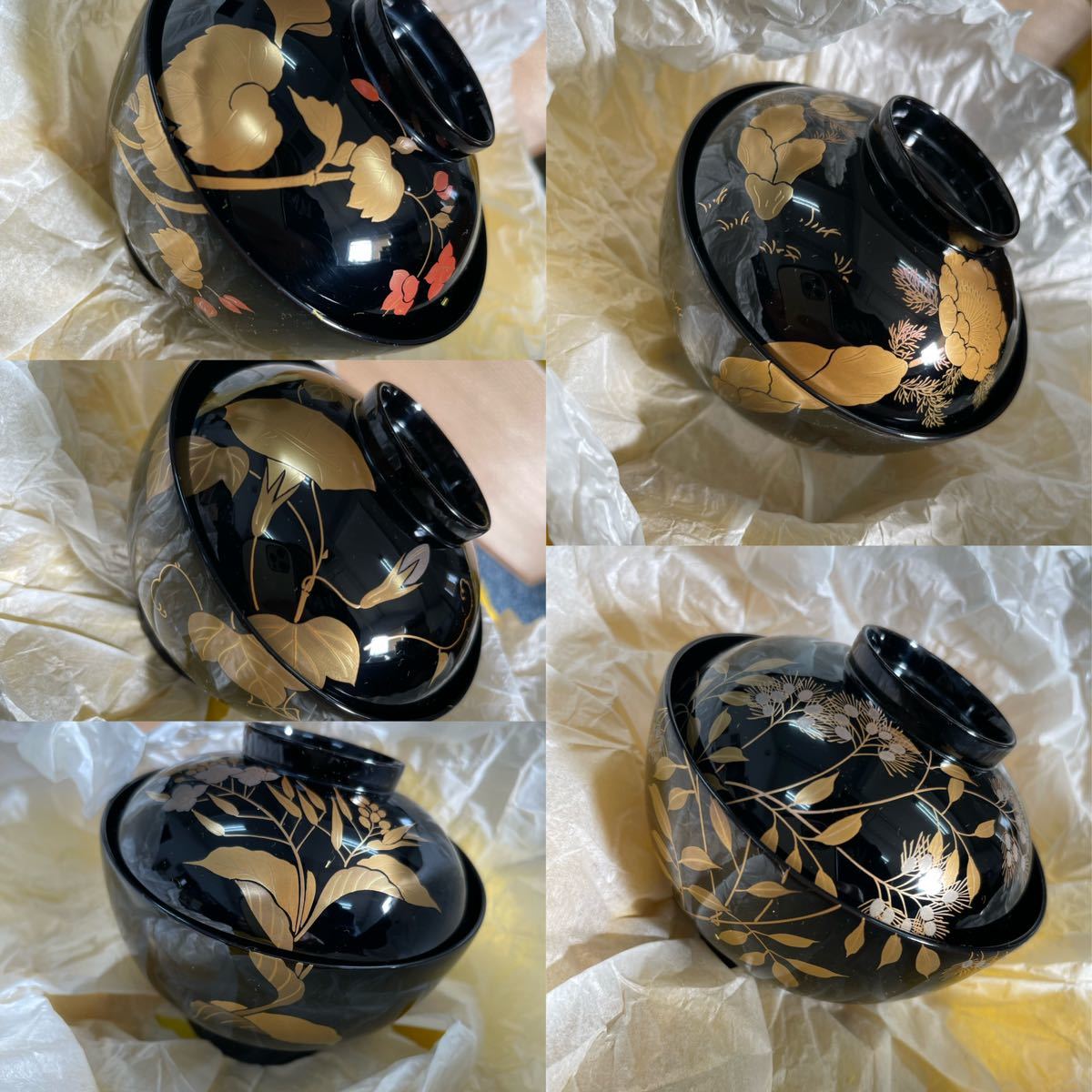 【新品未使用】日本の四季 輪島塗 吸物椀 汁椀 漆塗 5点 漆光堂造 蒔絵 蔵出し 共箱 元箱 和食器 蓋付き