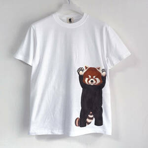 メンズ Tシャツ XLサイズ 白 レッサーパン柄Tシャツ ホワイト ハンドメイド 手描きTシャツ 動物