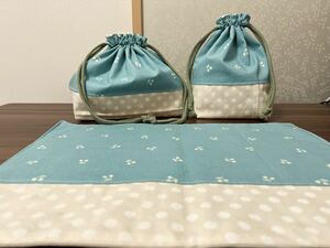 ●ハンドメイド●さくらんぼ＊チェリー　お弁当袋＊コップ袋＊ランチョンマット　ターコイズ