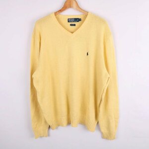 ポロ・ラルフローレン 長袖セーター 天竺編みニット Vネック ポニーロゴ トップス メンズ XLサイズ イエロー POLO RALPH LAUREN