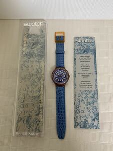 SWATCH SCUBA200 スウォッチ 腕時計/青ブルー系/現在動作不動/GENUINE LEATHERベルトレザー/部品取り用/箱紙類小傷汚れ等経年/ジャンク扱