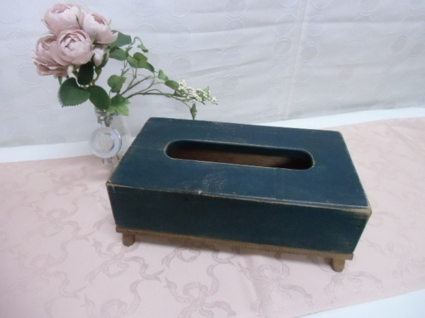 カントリー調 手作り テッシュケースBOX モスグリーン 木製 シンプル 在庫品