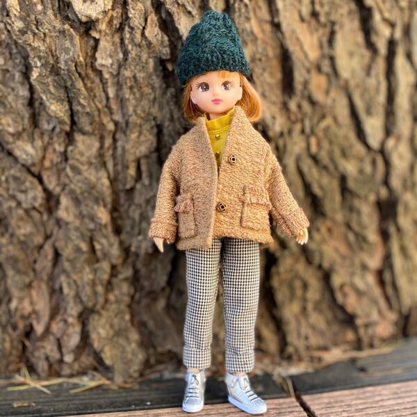 081 リカちゃん ブライス ハンドメイド 服 ツィードオレンジジャケット コーディネート