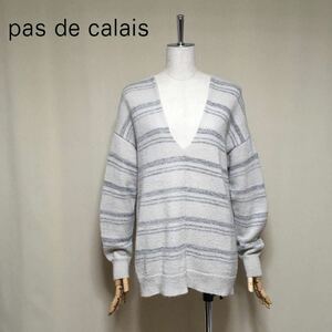 [pas de calais] pas de calais окантовка V шея вязаный свитер 38/M размер соответствует серый женский tops Drop плечо 