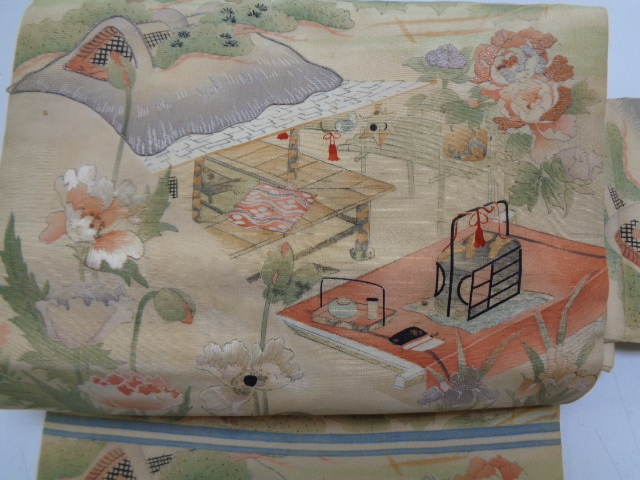 b296-80 Nagoya obi, pure soie, des deux côtés, teint à la main, modèle de paysage, broderie japonaise, fil d'argent, Showa rétro, avant la guerre, antique, groupe, Nagoya obi, Adapté