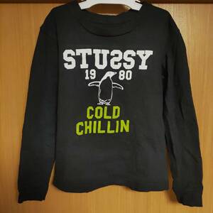 希少STUSSYキッズ長袖TシャツMサイズ黒×白ペンギンCOLD CHILLINロンT黄緑色ライムグリーン110cm120cmロンTキッズ子供こども男の子ブラック