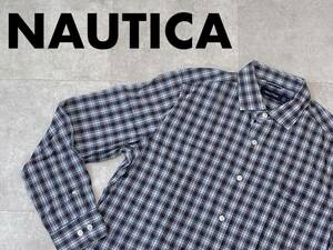 ☆送料無料☆ NAUTICA ノーティカ USA直輸入 古着 長袖 チェック ロゴ 胸ポケット付き ワイドスプレッドカラー シャツ メンズ M グリーン 