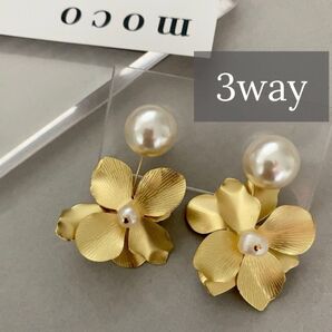 ウェディング ブライダル ゴールド フラワー パール ハンドメイド ピアス