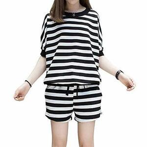 [JunyueLiang] ルームウェア ストライプ 可愛い 半袖 パジャマ 上下セット レディース 夏服 女性 部屋着 コットン シンプル Tシャツ