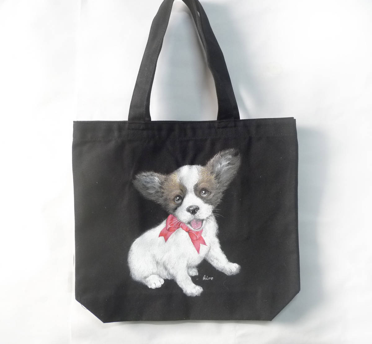 हाथ से बनाया गया चित्रण कुत्ता★कैनवास टोट बैग 2 पॉकेट के साथ पैपियन ब्लैक, हस्तनिर्मित, थैला, थैला, महिलाओं के लिए