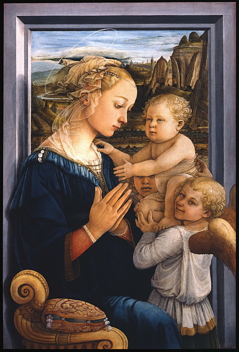 Ölgemälde von Filippo Lippi - Madonna mit Kind und zwei Engeln MA1233, Malerei, Ölgemälde, Porträts