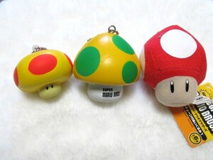 ★ストラップ　スーパーマリオ　ボールチェーンぬいぐるみ　１UP　巨大キノコ　３個セット　スクイーズ　ぷにぷに★