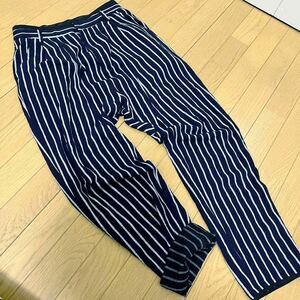 HACHE ash Italy made wrinkle processing stripe sarouel pants rayon . wool navy blue navy x gray 40 size * lady's used 