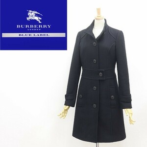 美品◆BURBERRY BLUE LABEL バーバリー ブルーレーベル 裏地ノバチェック柄 カシミヤ混 アンゴラ コート 黒 ブラック 36