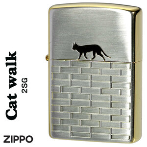 ZIPPO(ジッポーライター)CAT walk キャットウォーク　SGサテン エッチング　両面加工　猫　ネコ　【ネコポス可】