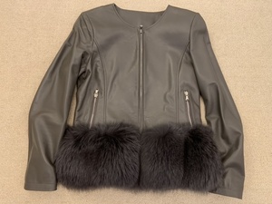 * fur attaching ram leather no color jacket * gray khaki *M* as good as new *