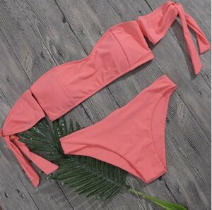 M off shoulder coral pink pink ribbon b radio-controller Lien bikini frill adult bikini swimsuit body type cover race sexy 