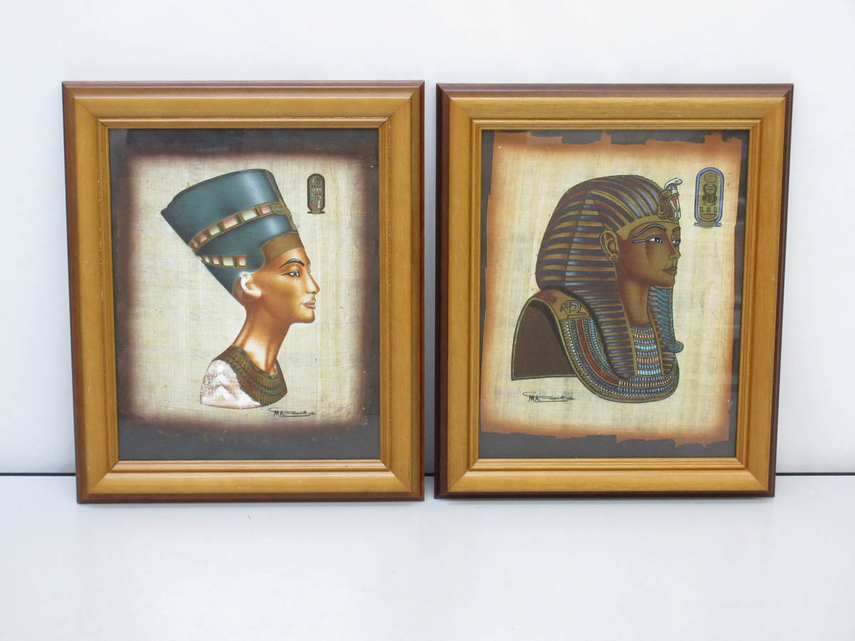 ★sr0728 Egyptian Painting 2 Piece Set Signed Papyrus Painting Figure Framed Art Fine Art Interior Wall Decoration Collection★, artwork, painting, others