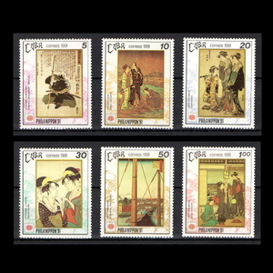 ■キューバ切手　1991年　浮世絵 / 喜多川歌麿他　日本国際切手展　6種完
