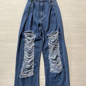 ダメージデニム ワイドパンツ ティーンズ レディース