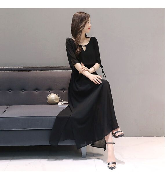 【S】ロングシフォンワンピース パーティー フォーマル 黒