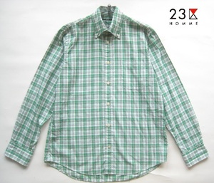 美品!!23区オム 23区HOMME*美シルエット チェック柄ボタンダウンシャツ 46 実寸M 緑×白×黒 オンワード樫山