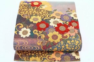 【送料無料】美品 袋帯 膨れ織　玉虫色 刺繍　流水紋　桜　雪輪　箔糸　豪華 お洒落 フォーマル 正絹　m-4038