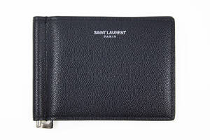  первоклассный прекрасный товар SAINT LAURENT PARIS солнечный rolan 11.5×9 зажим для денег складывающийся пополам темно-синий кожа кошелек бренд высота видно тонкий высококлассный USED товар 