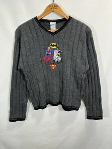 ■ 子供用 90s ビンテージ Warner Bros ワーナー・ブラザース スーパーマン バットマン 刺繍 アクリル ニット セーター 14/16 アメコミ ■