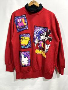 ■ 90s ビンテージ USA製 MICKEY UNLIMITED スケッチ 絵画風 ミッキー イラスト 切り替え アクリル スウェット トレーナー 赤 アメカジ ■