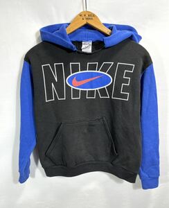 ■ ボロ！ 子供用 90s 90年代 USA製 ビンテージ NIKE ナイキ ロゴプリント 切り替えし スウェット フーディー サイズM アメカジ パーカー■