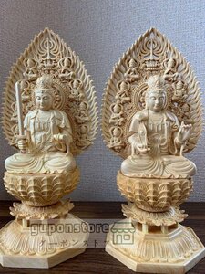 【極上の木彫】 文殊菩薩像、普賢菩薩像 精密彫刻 木彫仏像 仏教美術 仏師手仕上げ品